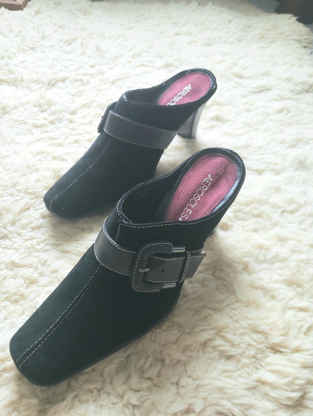 Vintage Aerosoles Cinch Worm Black Suede Buckle Mules 9B